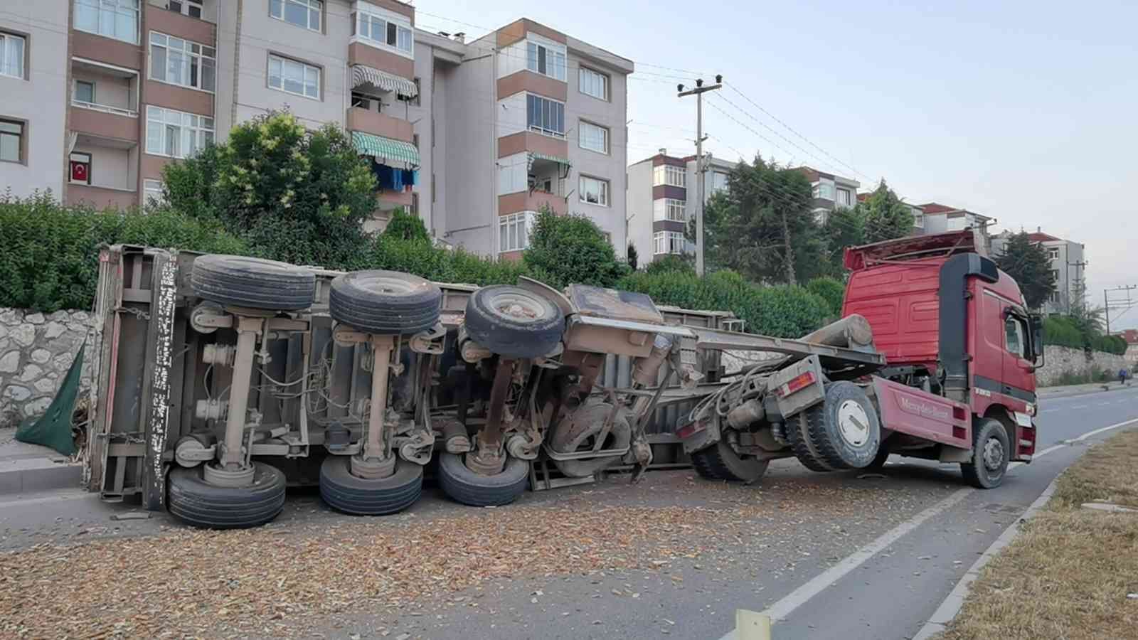 TIR devrildi, yol kapandı