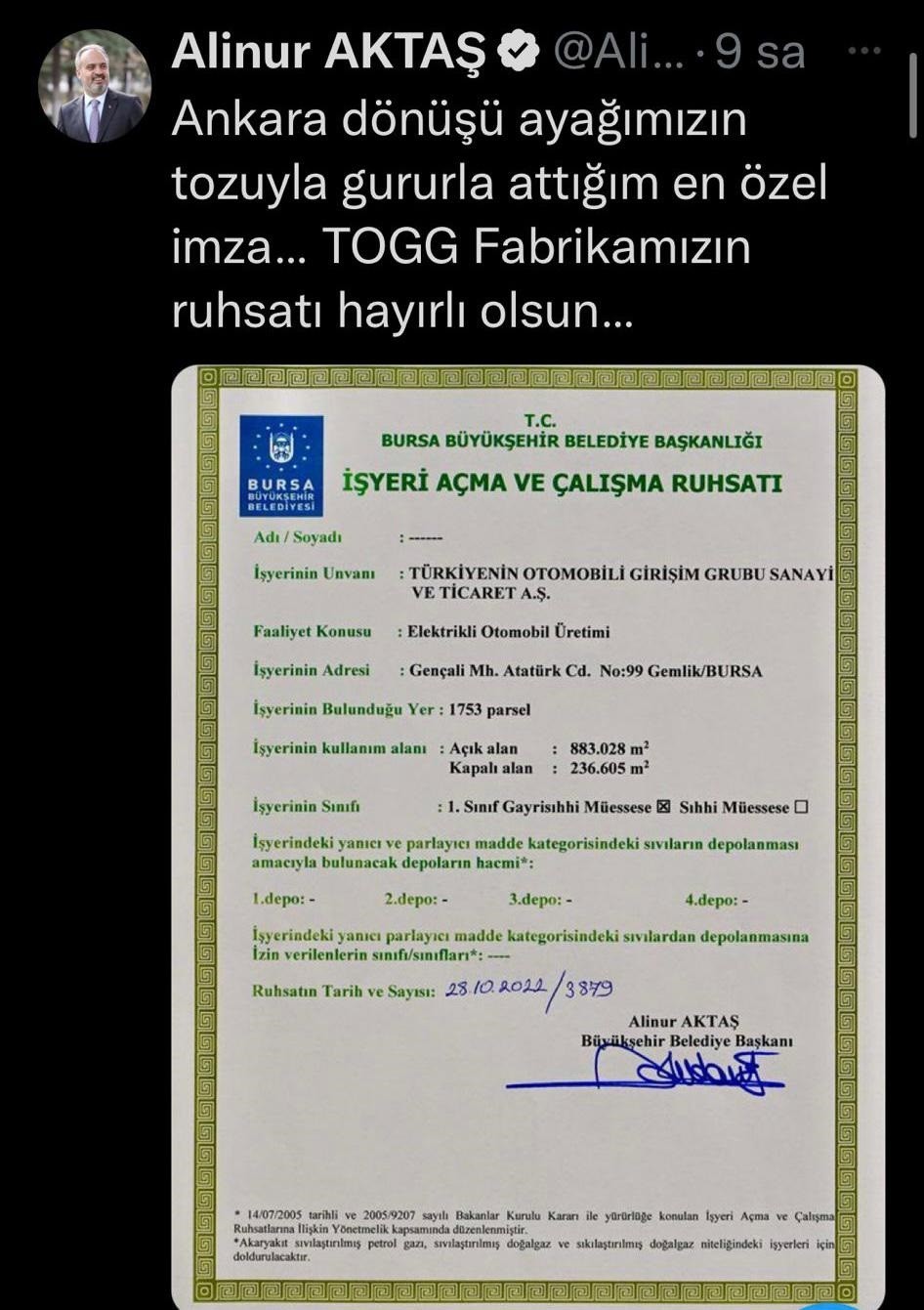 İşte TOGG Otomobil Fabrikası’nın ruhsatı