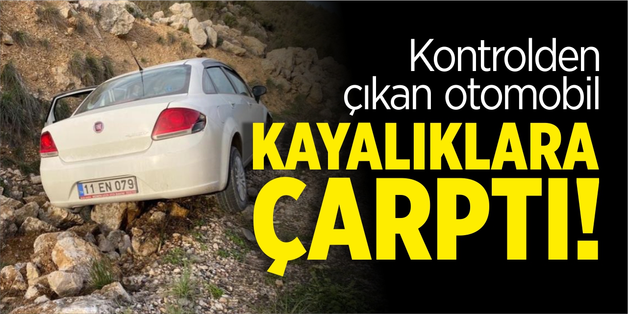 Yoldan çıkan araç, kayalıklara çarptı