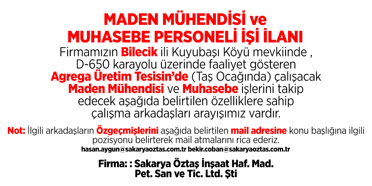 Maden Mühendisi ve Muhasebe Personel İş İlanı