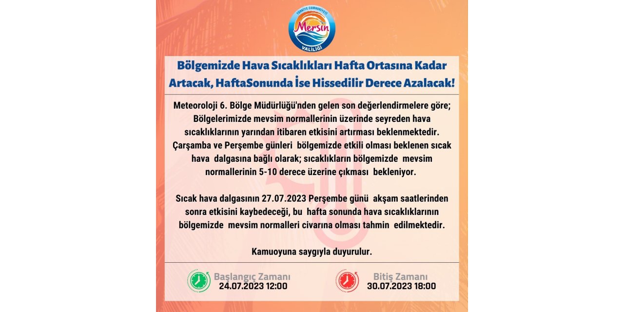 Mersin Valiliğinden sıcak hava uyarısı