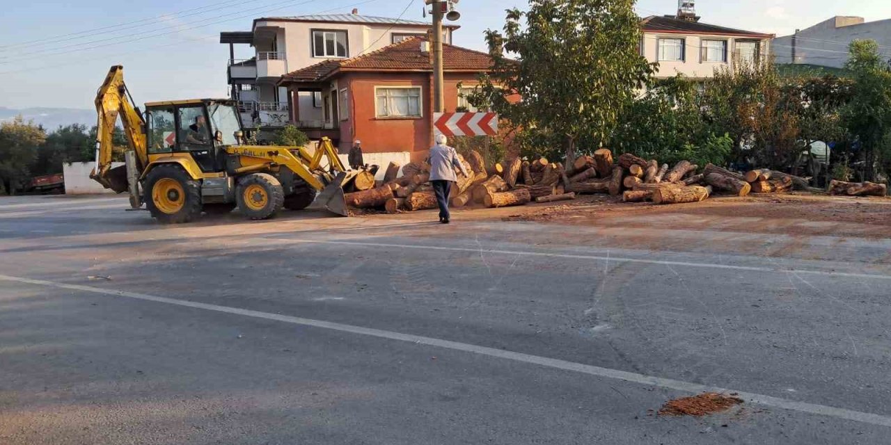 Kamyon Virajı Alamayınca Tomruklar Yola Saçıldı