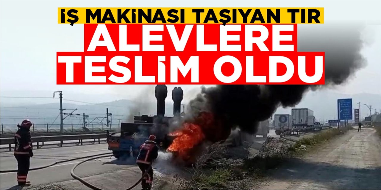 İş makinası taşıyan tır alevlere teslim oldu