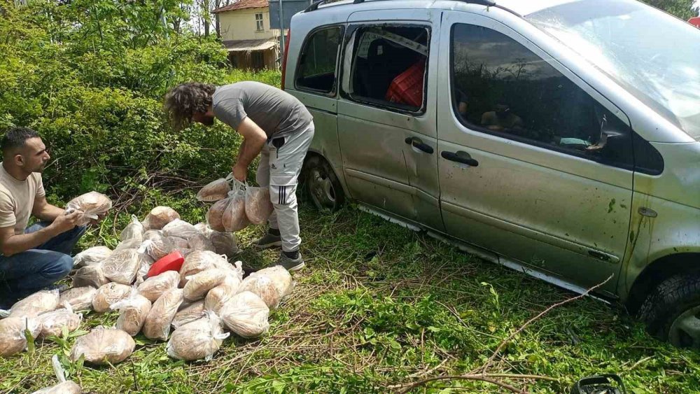 Araç devrildi, içindeki köy ekmekleri yol kenarına saçıldı