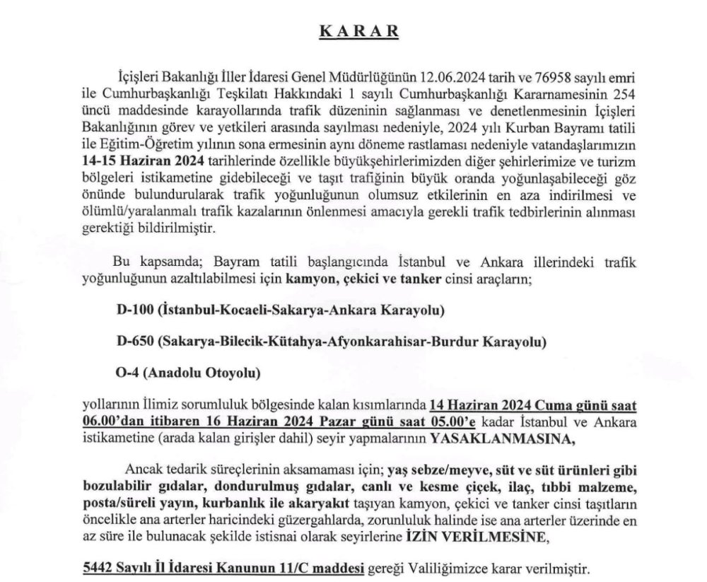 Kamyon, Çekici Ve Tanker Cinsi Araçlara 1 Günlük Yasak