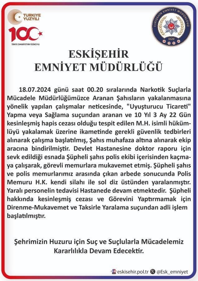 Yaralanan Polis Memuru Hakkında Eskişehir Emniyet Müdürlüğü Açıklama Yaptı