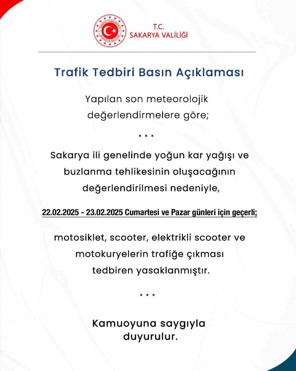 Motokuryelere Trafiğe Çıkma Yasağı